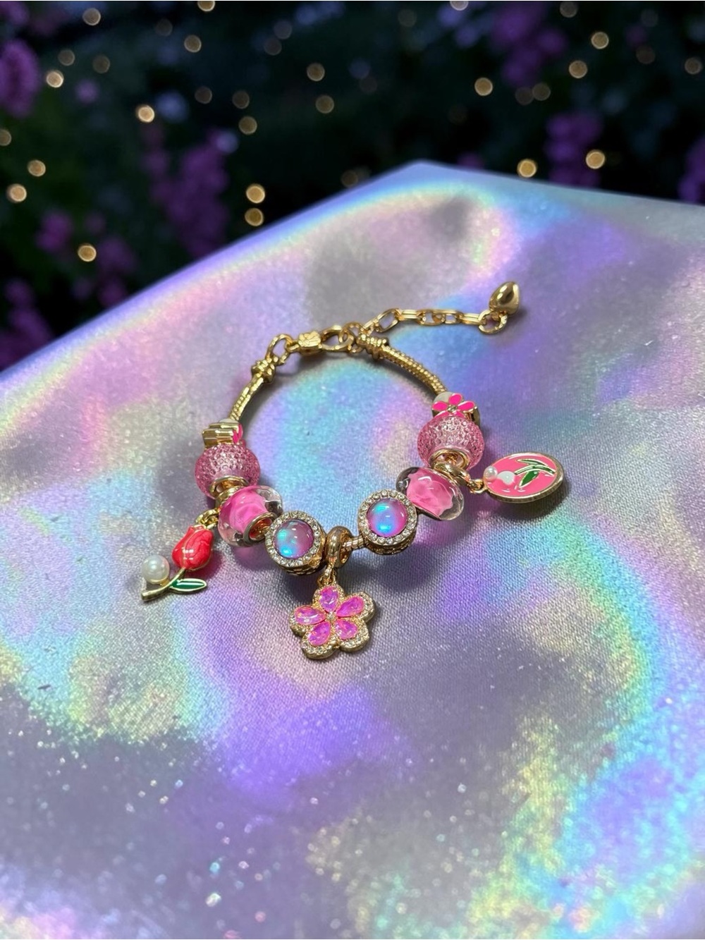 Gold Pink Floral Charm Bracelet - Women Jewelry